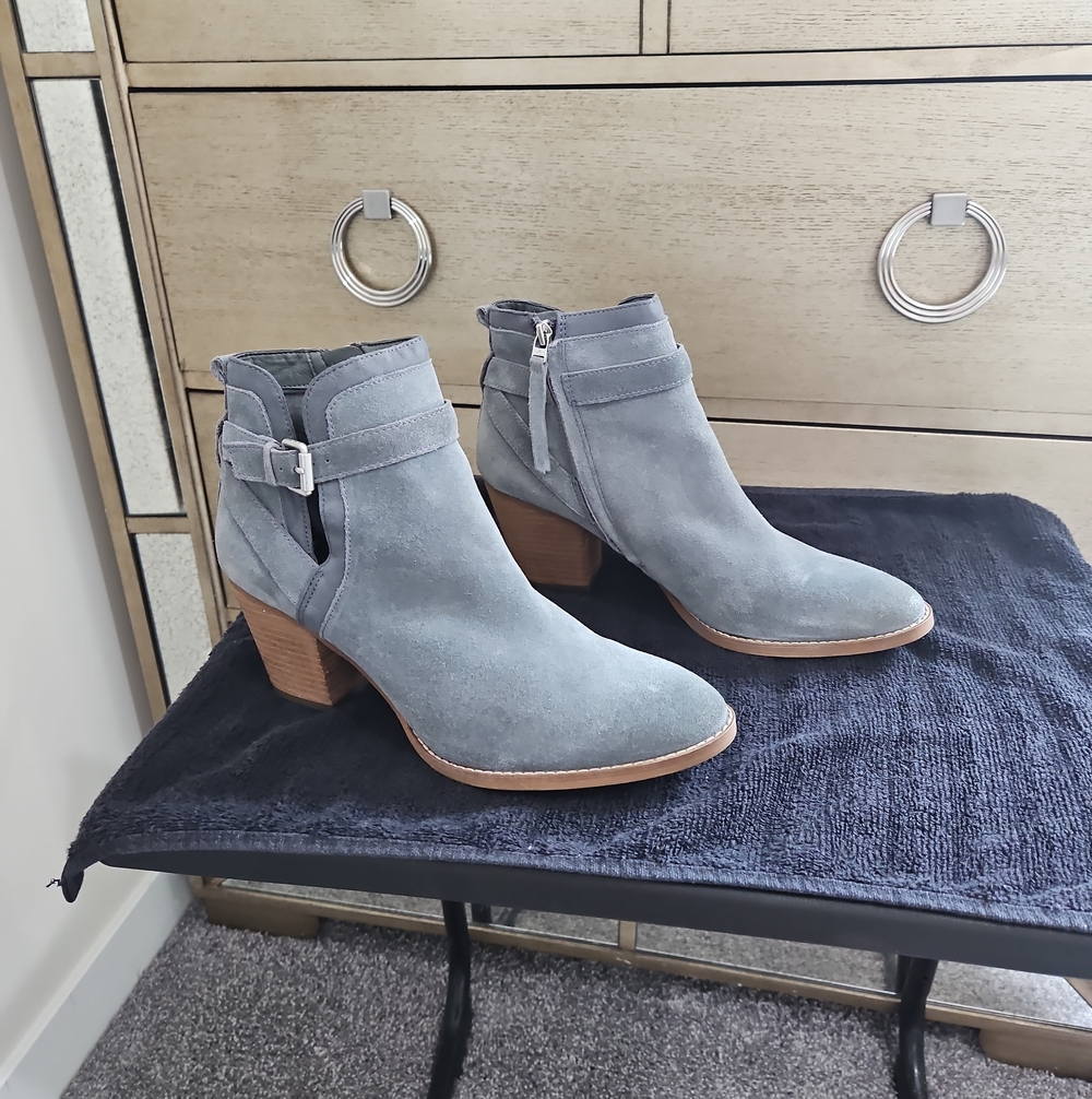 Women's Light Gray Suede Ankle Booties with Block Heel